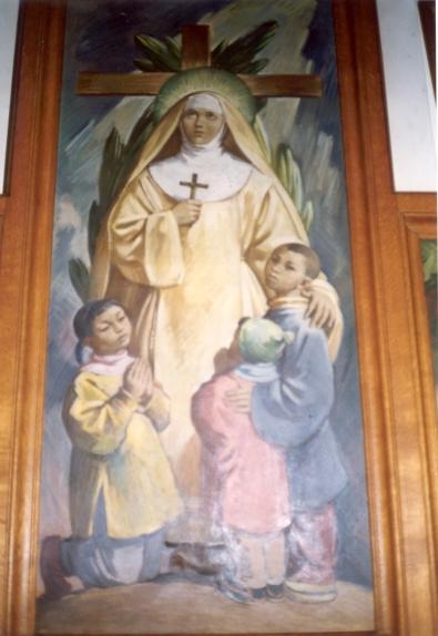 ca 1955. Schilderij België, Schakkebroek, kerk Zuster Amandina met inheemse kindertjes. 