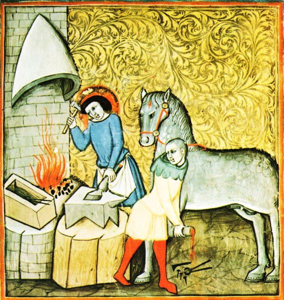 Eligius van Noyon/Eligius heeft het been van het paard afgehakt om des te rustiger een hoef te slaan. Straks zal hij het weer op zijn plaats aanbrengen. 15eeuw, Fra Nicolo, boekverluchting. Italië, Bologna, Universiteitsbibliotheek.