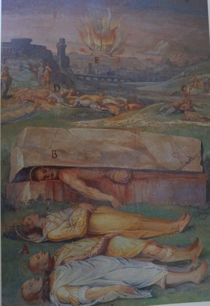 Op de voorgrond de lijken van de martelaren Johannes & Paulus, daarachter Bibiana (+ 363; feest 02 december); daarchter, onder de zerk: Artemius van Egypte (+ 363; feest 20 oktober). vóór 1596, wandschildering, Nicolò Circignano. Italië, Rome, S. Stefano Rotondo.