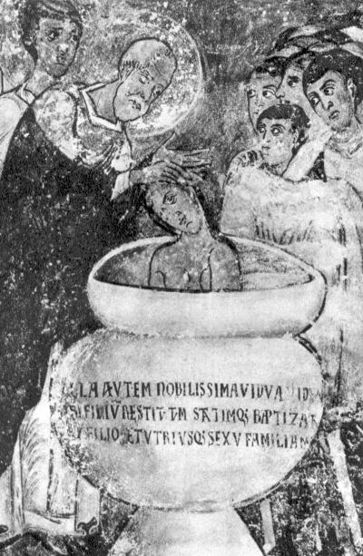Syrus van Pavia/ca 1200. Wandschildering Italië, Pavia (?) Sint Syre doopt 'la veuve de Vérone'.
